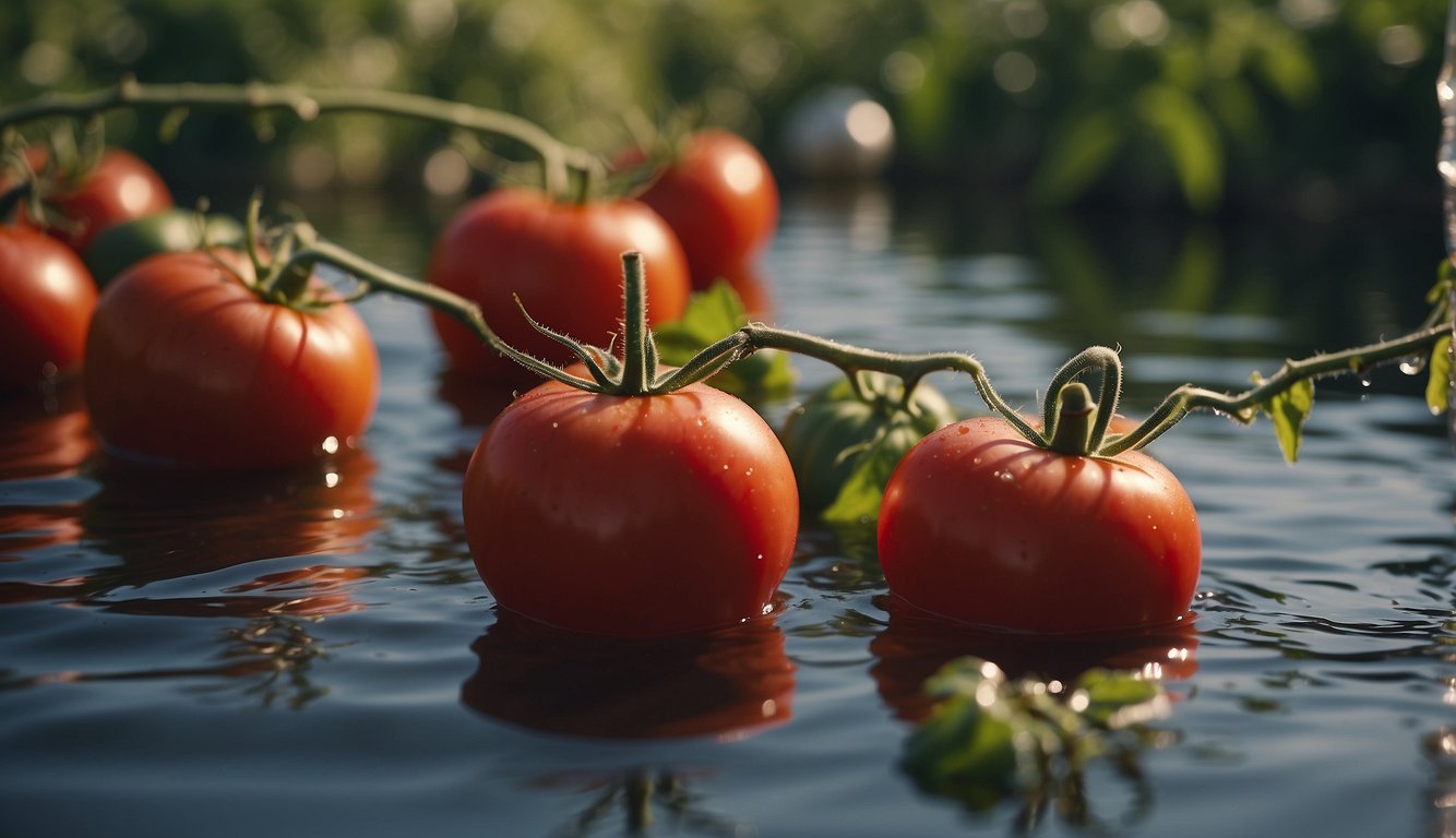 Tomatoes sit in water, wilting. Nearby, a sign reads "Frequently Asked Questions."