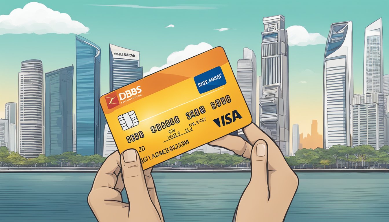 A hand holding a DBS Altitude Visa supplementary card against a Singapore skyline backdrop