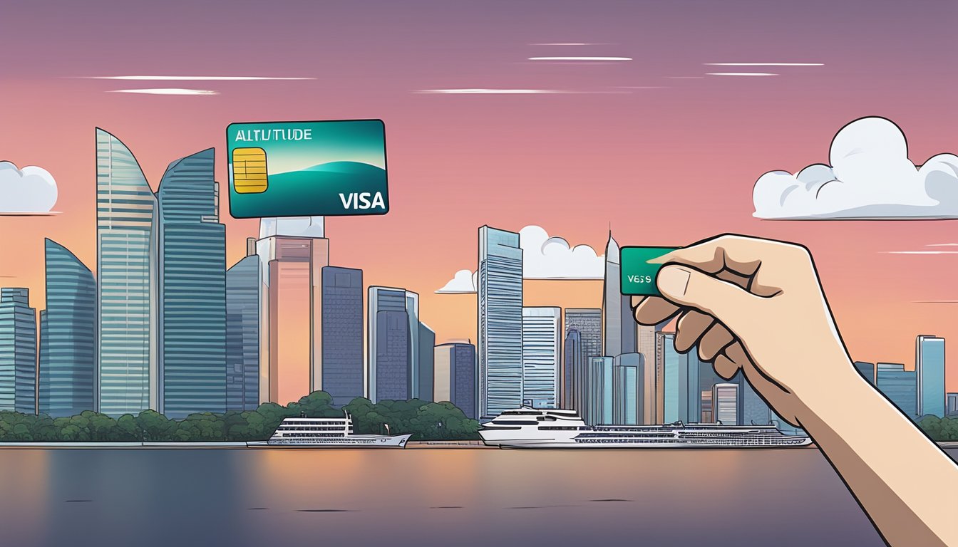 A hand holding a dbs altitude visa supplementary card against a Singapore skyline backdrop