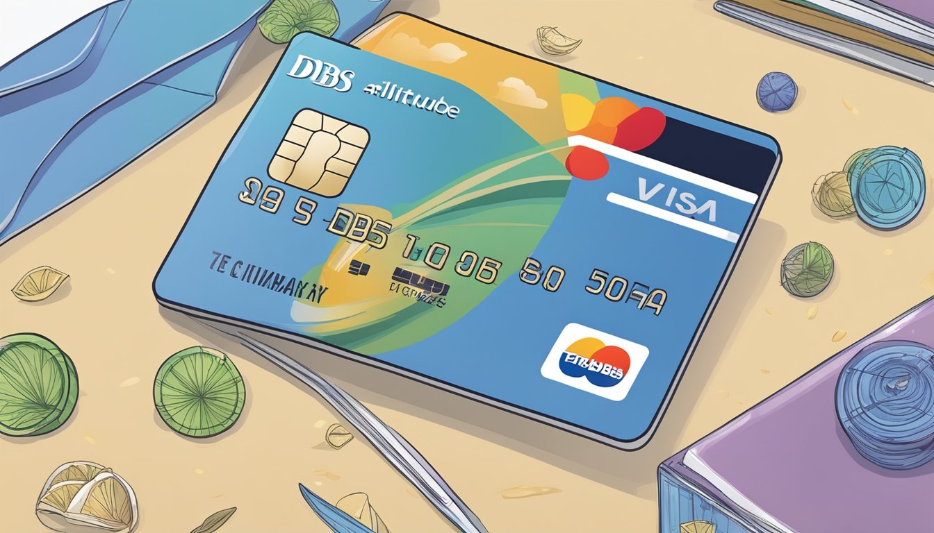 A sleek and modern credit card, with the "DBS Altitude Visa Supplementary Card Singapore" logo prominently displayed, surrounded by symbols representing travel, dining, and lifestyle rewards