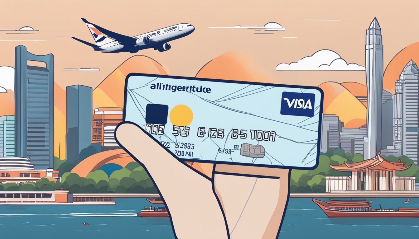 A hand holds a DBS Altitude Visa supplementary card against a backdrop of iconic Singapore landmarks, showcasing the card's maximum benefits