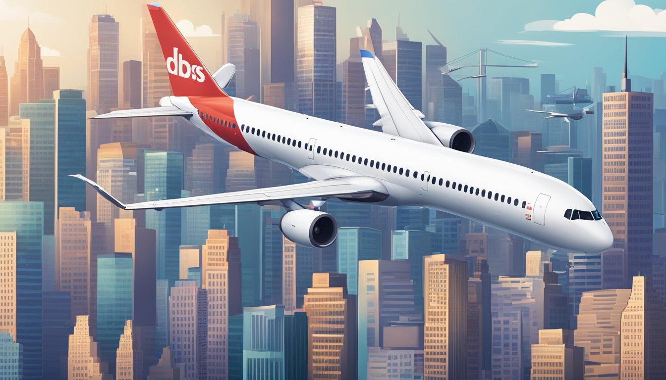 A plane flying over city skyline with DBS Altitude and Citi PremierMiles logos prominent