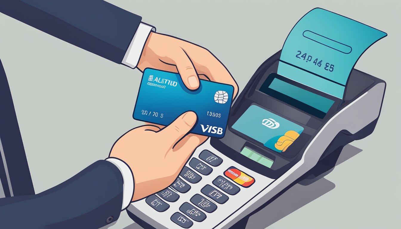 A person swiping two credit cards, DBS Altitude and Citi PremierMiles, at a payment terminal. The cards are held in the hand and the terminal displays the transaction
