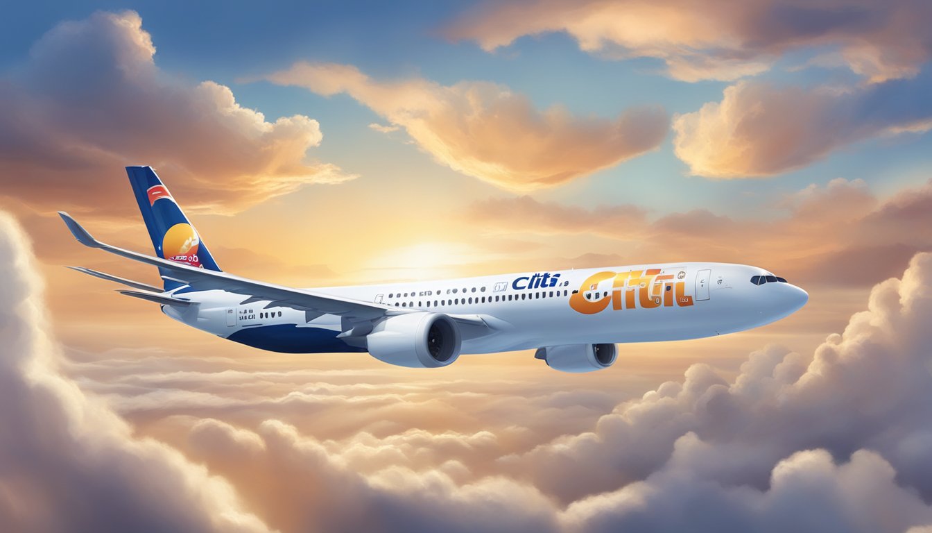 A plane with the logos of "DBS Altitude" and "Citi PremierMiles Singapore" flying high in the sky, with a backdrop of clouds and a setting sun