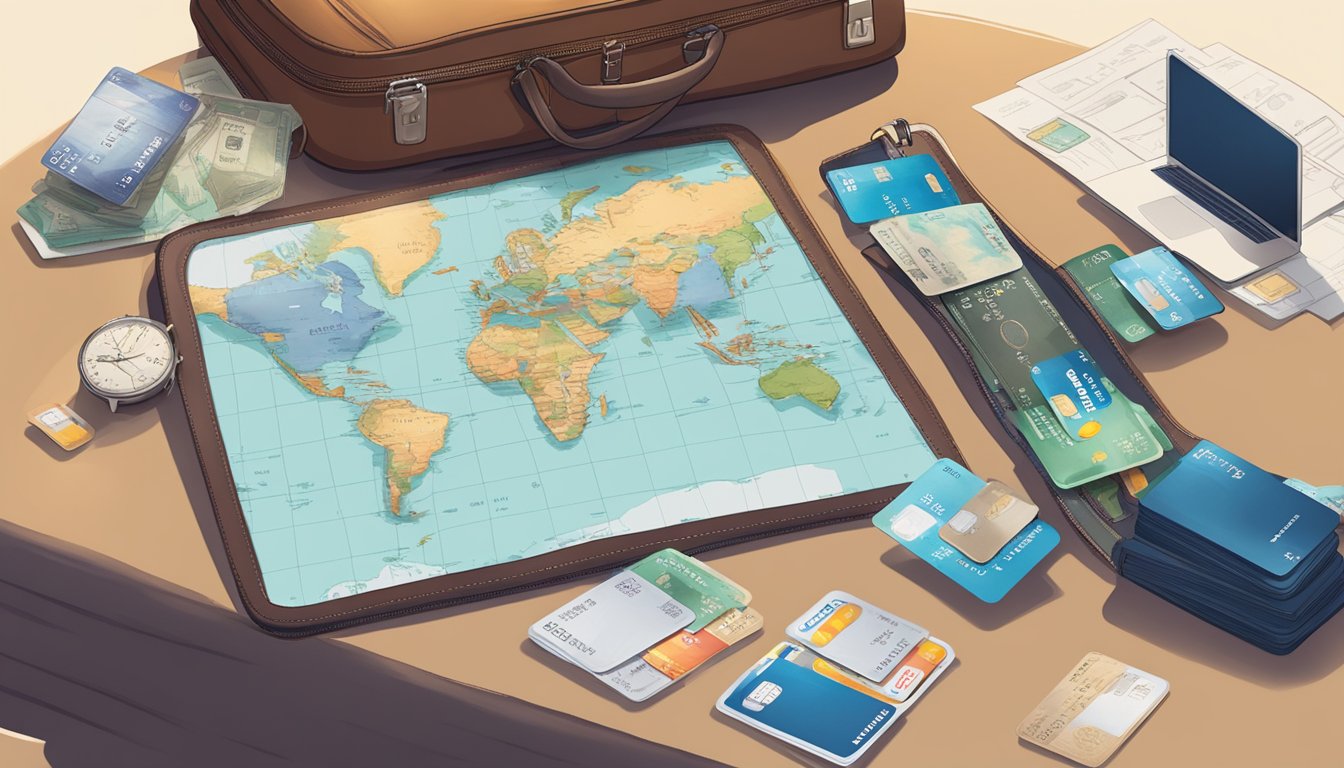 A table with two credit cards, DBS Altitude and Citi PremierMiles, surrounded by travel-related items like a suitcase, plane tickets, and a world map