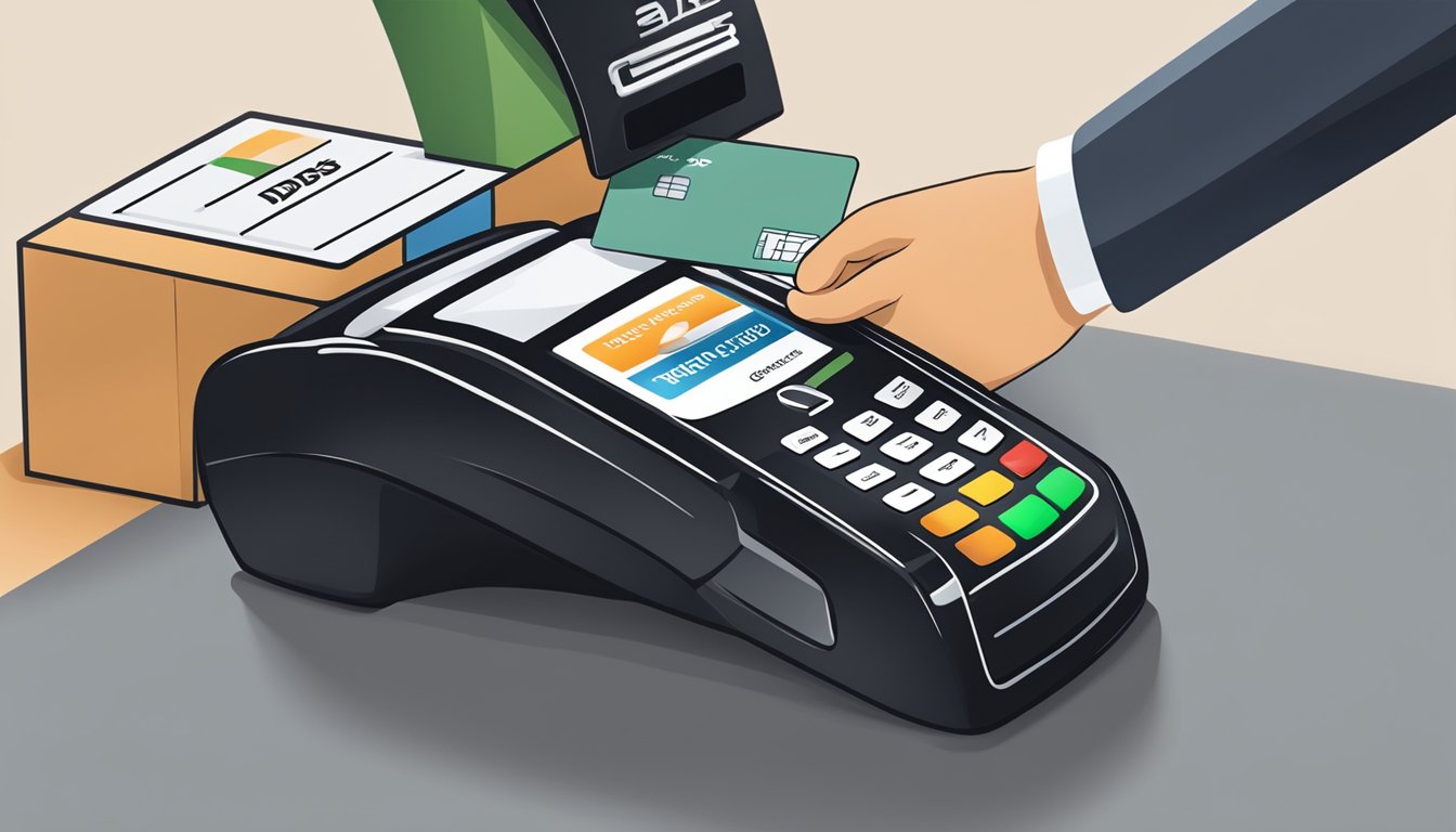 A sleek black credit card is being swiped at a payment terminal with the DBS and Amex logos prominently displayed