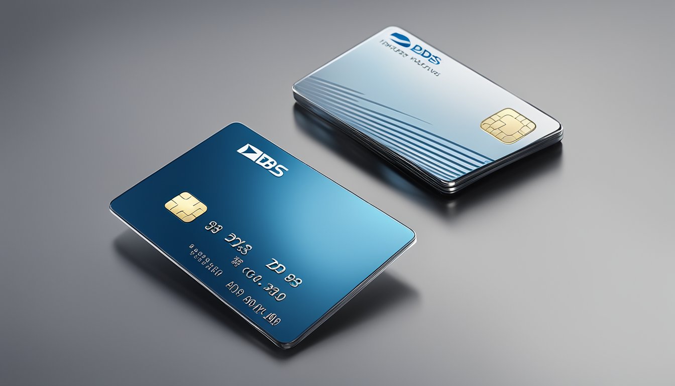 A sleek DBS AMEX card sits on a reflective surface, with the DBS and AMEX logos prominently displayed. The card is surrounded by a modern and luxurious setting