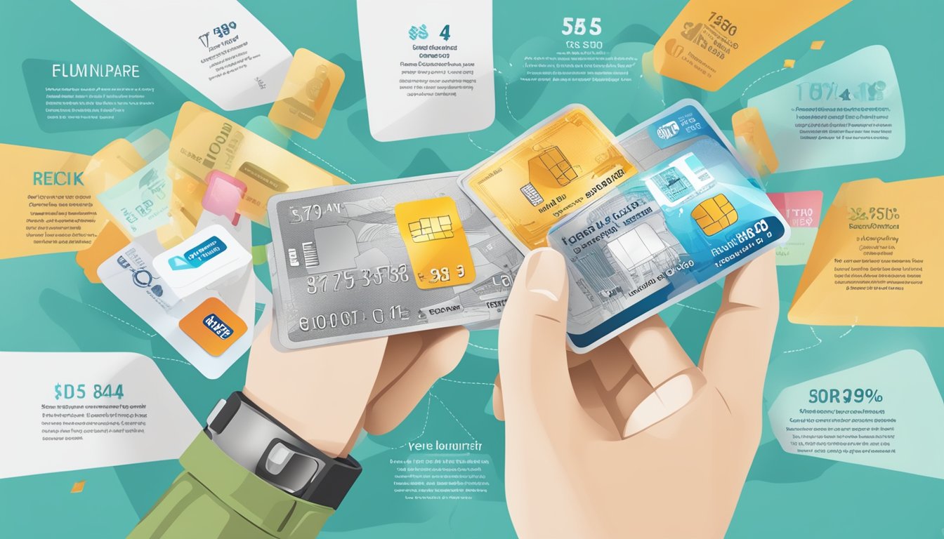 A hand holding a DBS Amex Singapore card, surrounded by various benefits and rewards such as cashback, travel perks, and dining discounts