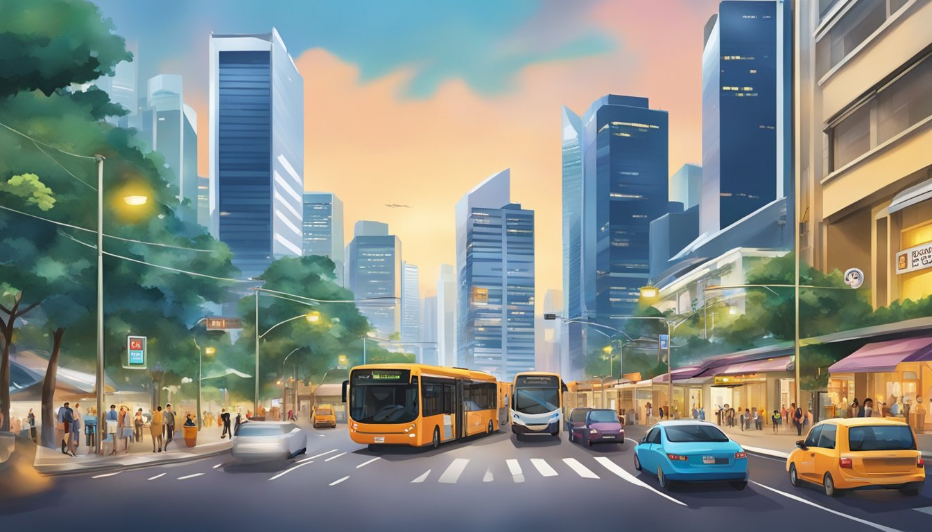 A bustling street in Singapore, with the iconic DBS and POSB branch standing tall amidst the vibrant cityscape