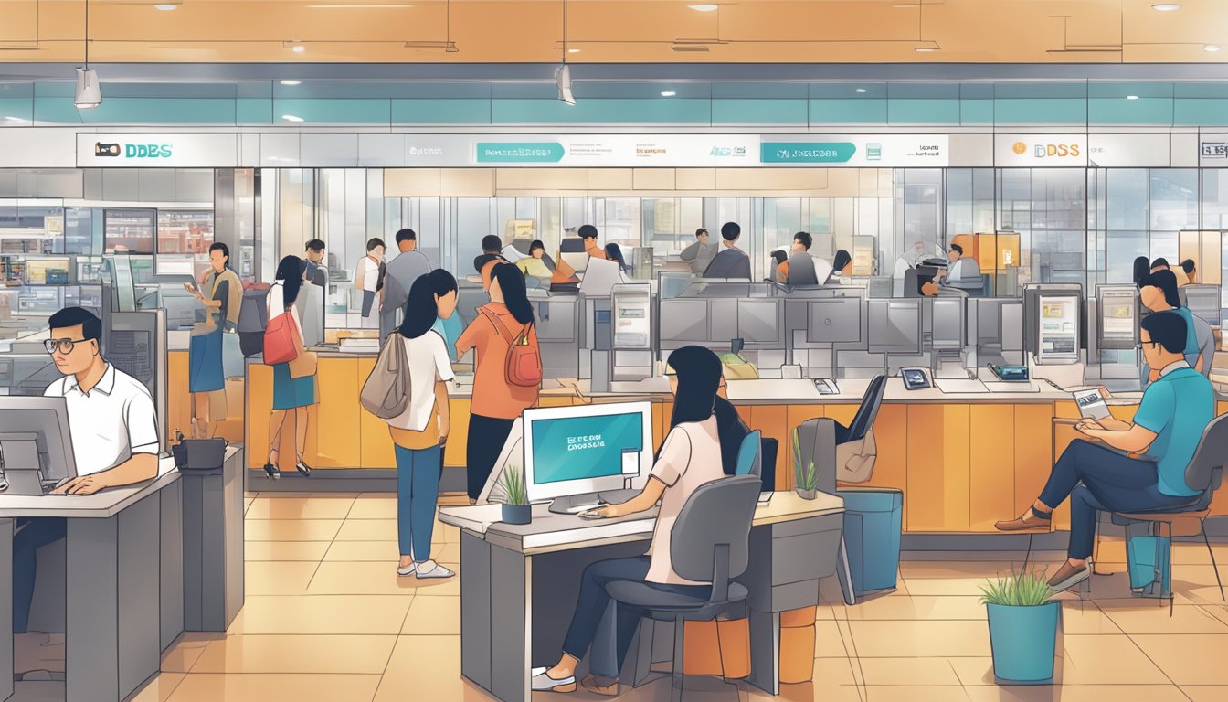 A bustling DBS and POSB branch in Singapore, with customers using banking services and products