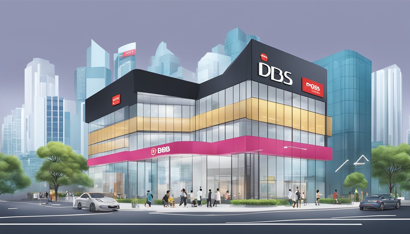 A modern, sleek dbs and posb branch in Singapore, with digital banking advancements on display