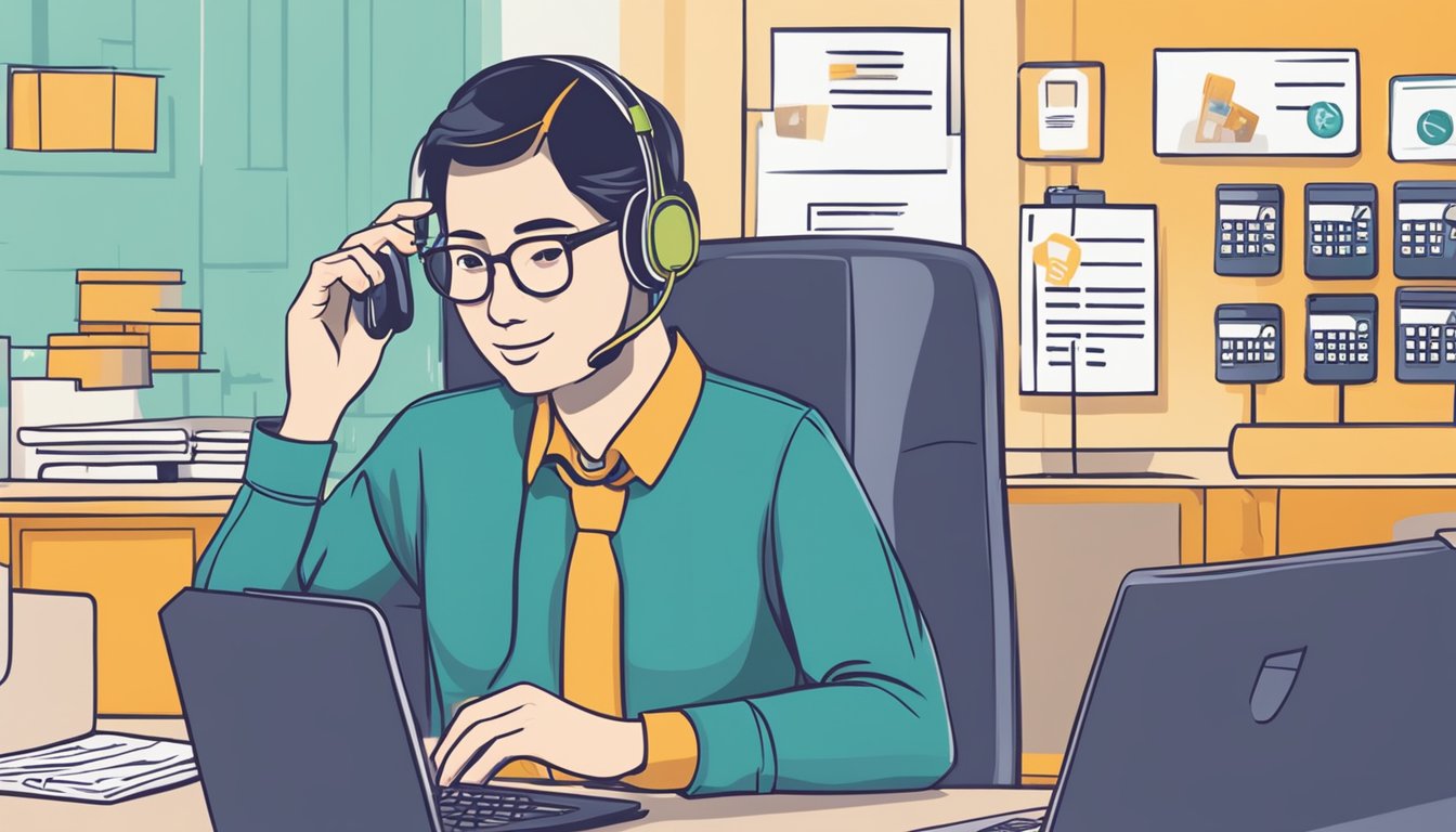 A person holding a credit card and dialing a customer service hotline with a sign in the background that reads "DBS Annual Fee Waiver Singapore."