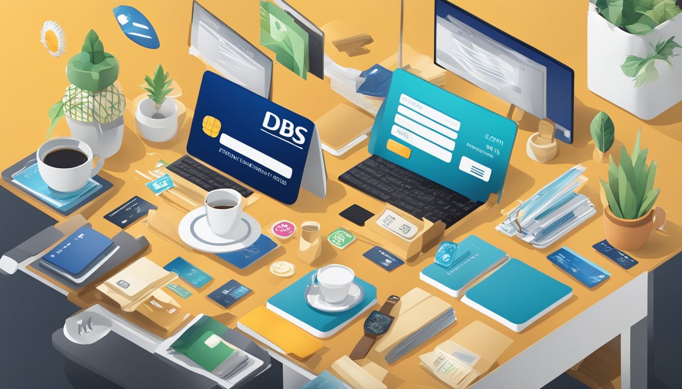 A credit card with the DBS logo sits on a sleek, modern desk. The card is surrounded by icons representing various benefits such as travel, dining, and shopping