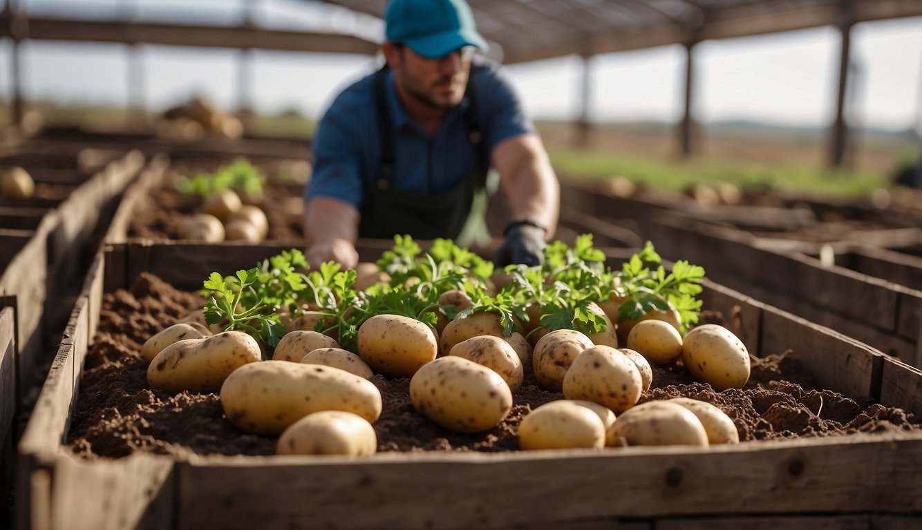 Potatoes being gently lifted from the soil, cleaned, and sorted into crates for transport