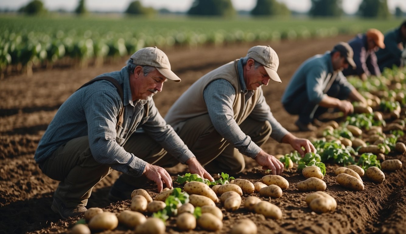 Farmers inspecting and handpicking early potatoes, while using organic pest and disease management techniques