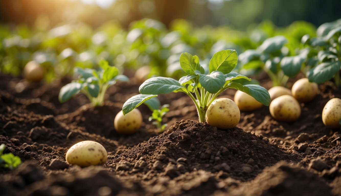 Lush green potato plants with ripe, golden potatoes being gently unearthed from the rich soil