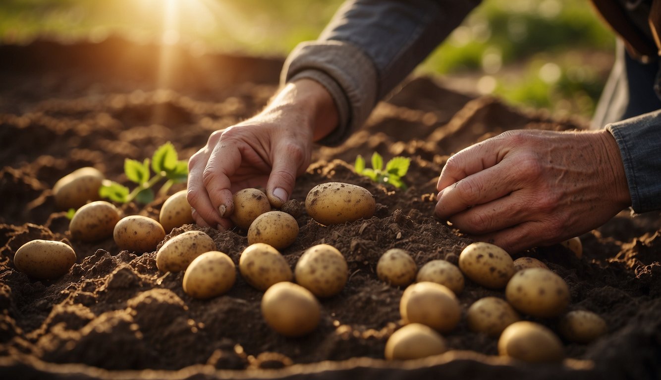 A farmer carefully digging up small, tender potatoes from the rich soil, placing them in a basket with the sun shining overhead