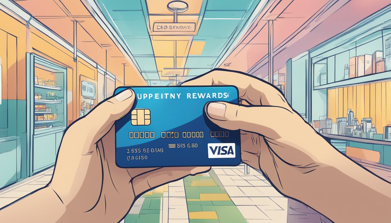 A hand holding a DBS Supplementary Card, with a background of various benefits listed such as travel rewards, dining discounts, and cashback offers