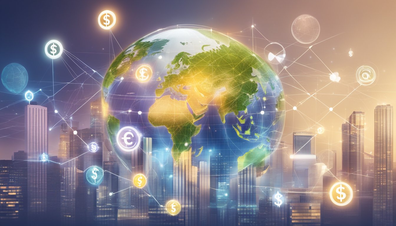A global financial hub with currency symbols floating above a digital interface, representing international transactions and currency options