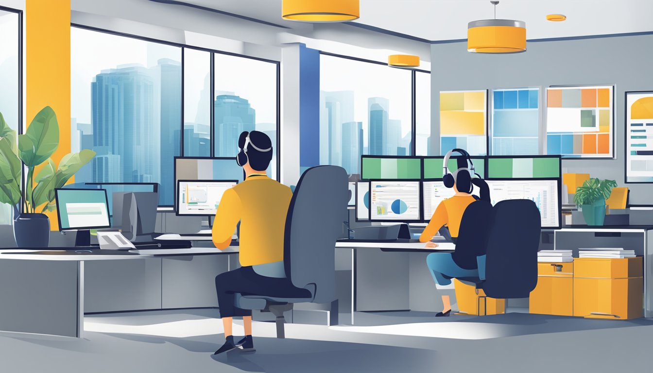 A bright, modern office setting with a computer screen displaying "Additional Services and Support" and a logo for "dbs autosave account singapore." A customer service representative is on the phone assisting a client
