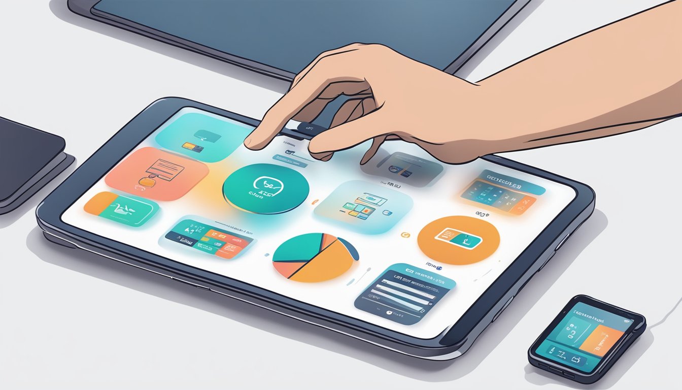 A hand hovers over a digital device displaying DBS digital platforms with available and total balance in Singapore