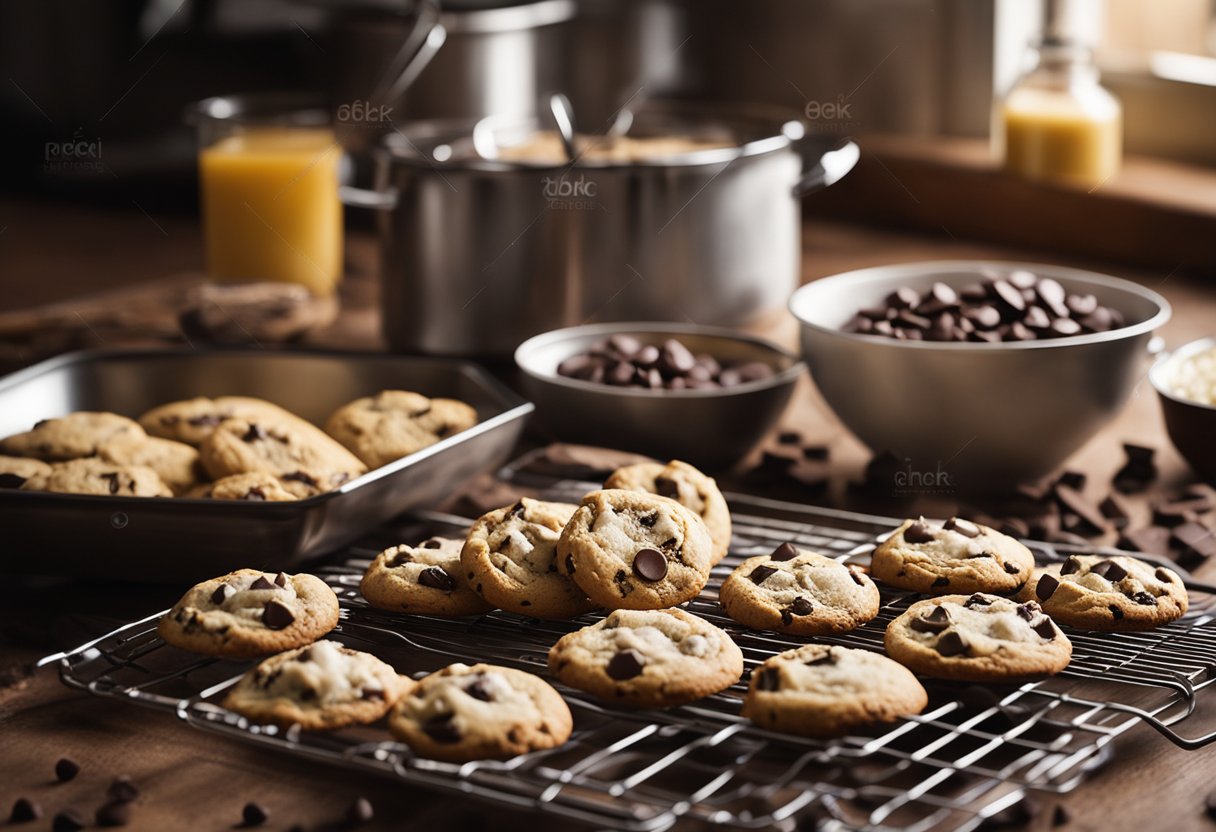 A kitchen counter with ingredients (flour, sugar, butter, chocolate chips) laid out, a mixing bowl and spoon, and a freshly baked batch of chocolate chip cookies cooling on a wire rack