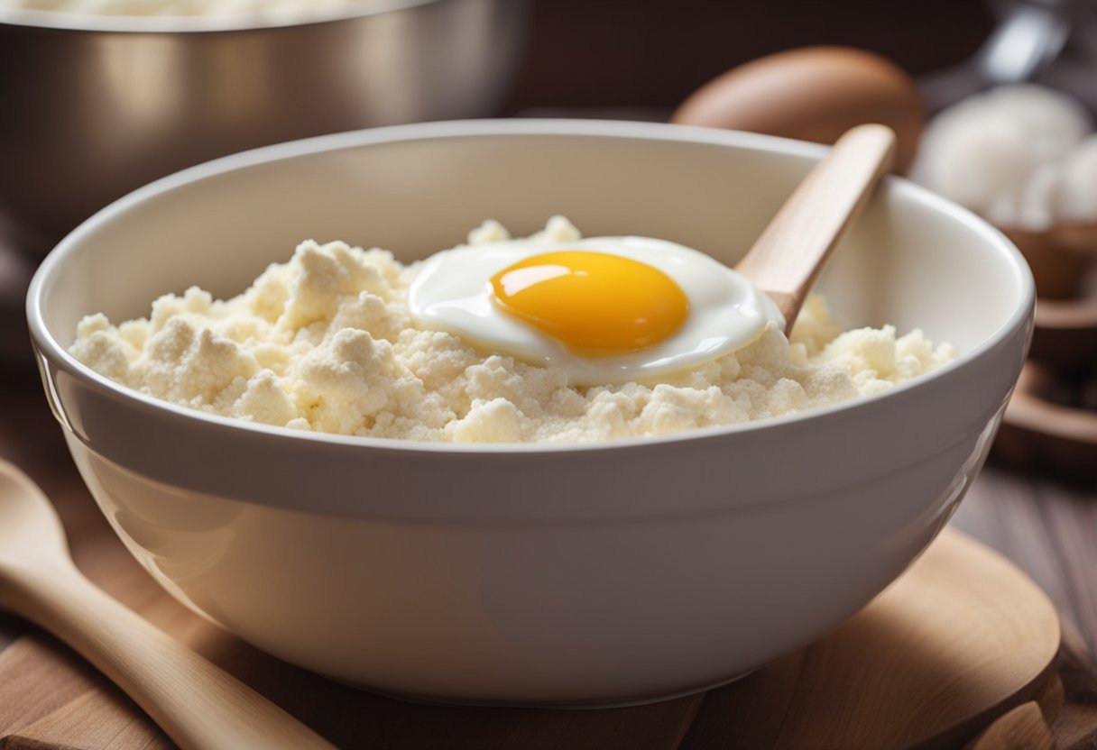 A mixing bowl filled with flour, sugar, and chocolate chips. A wooden spoon stirs in butter and eggs. A warm oven in the background