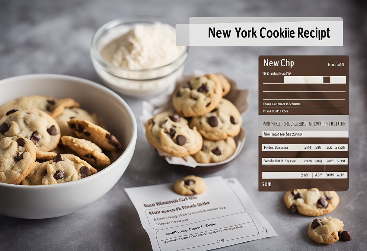 A mixing bowl with flour, sugar, and chocolate chips. A whisk and measuring cups on the counter. A recipe card with the title "New York Times Best Chocolate Chip Cookie Recipe."