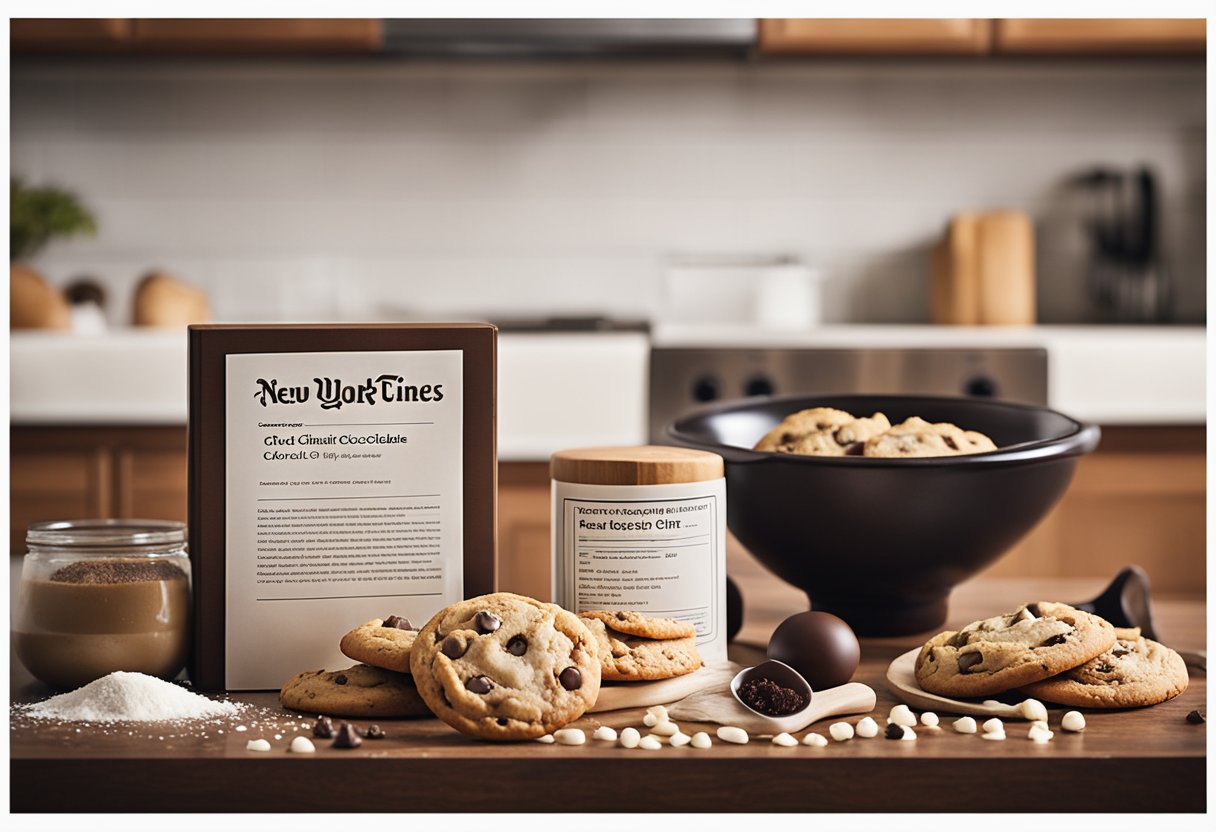 A kitchen counter with a mixing bowl, measuring cups, flour, sugar, chocolate chips, and a recipe card for "New York Times Best Chocolate Chip Cookie Recipe."