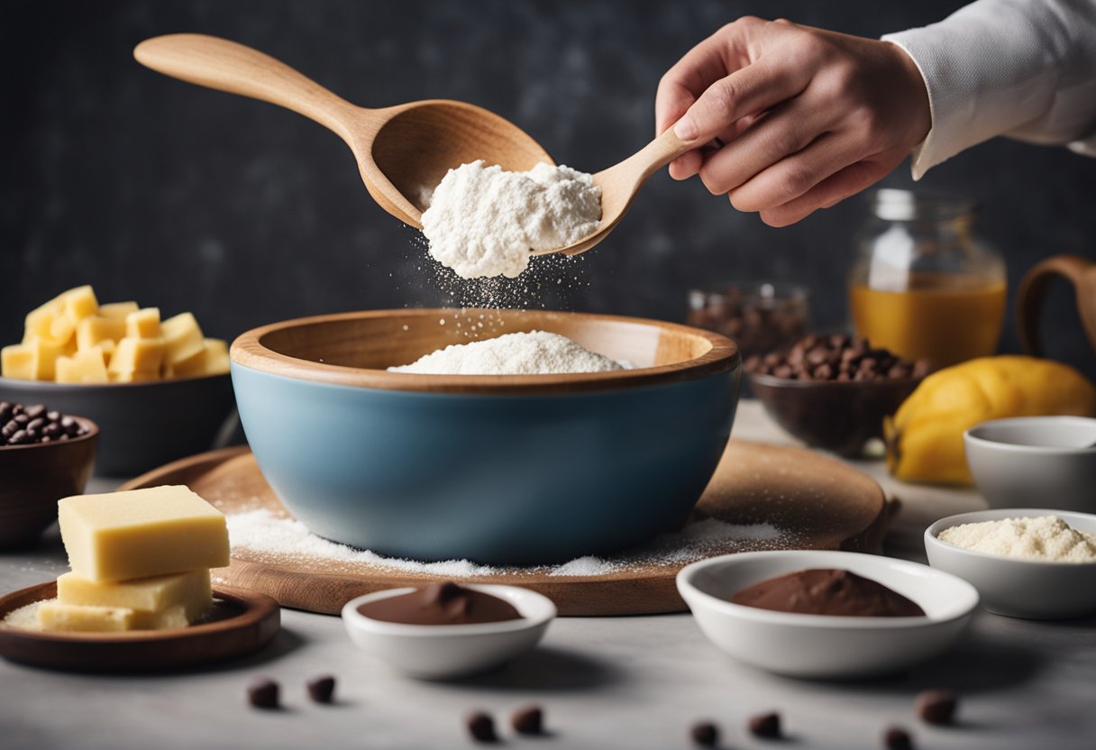 A mixing bowl filled with flour, sugar, and chocolate chips. A hand pouring melted butter into the bowl. A wooden spoon stirring the ingredients together