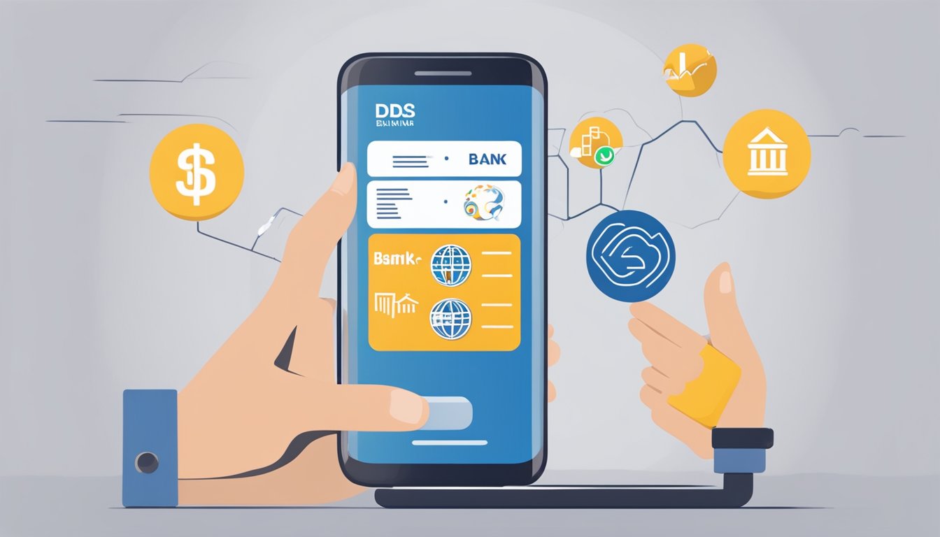 A hand holding a mobile phone with two bank logos, one representing Eligibility and the other Application, while a dbs balance transfer takes place in the background
