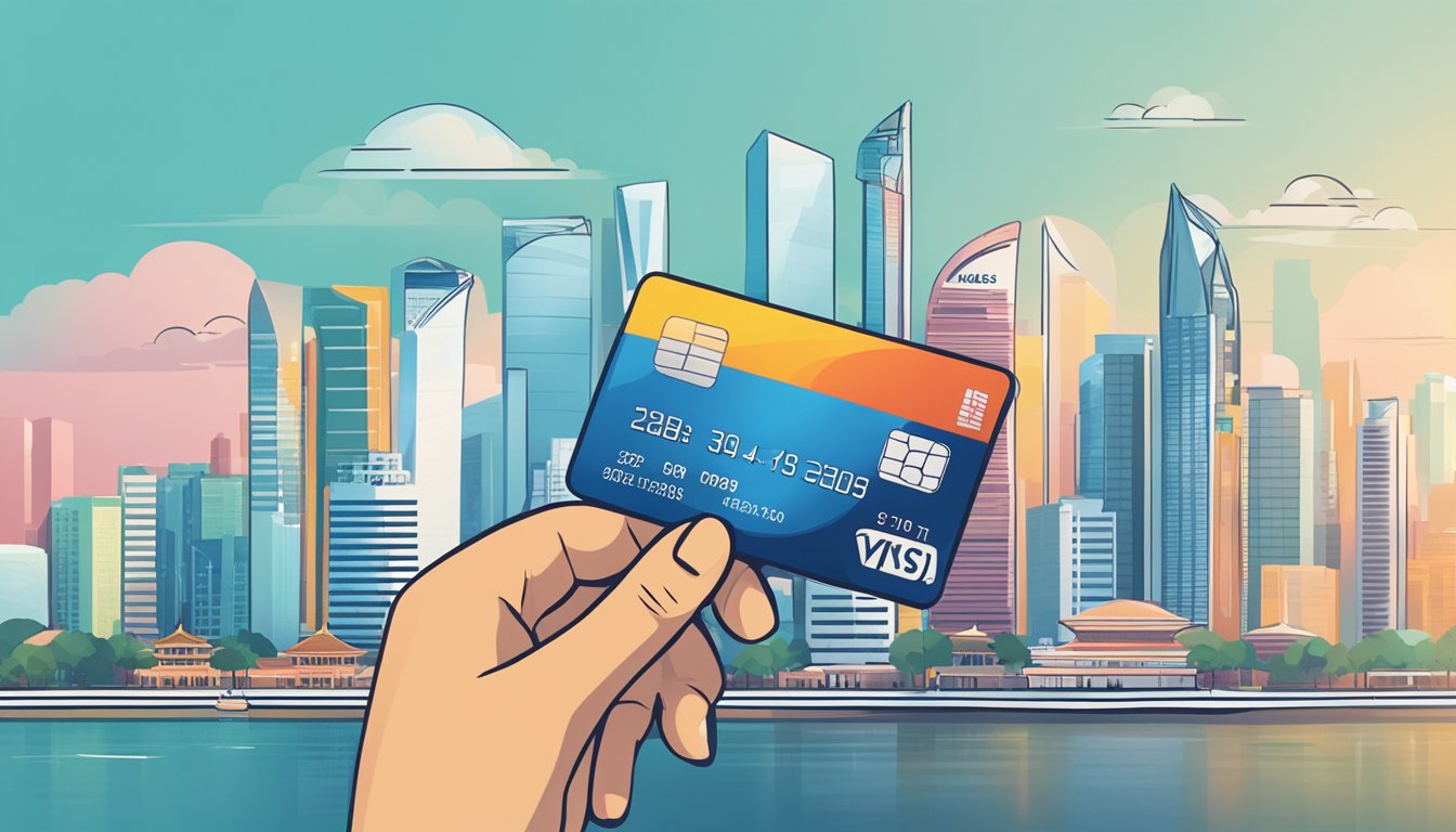 A hand holding a credit card hovers over a document titled "Repayment Terms and Conditions" with the DBS logo. The background features the iconic Singapore skyline