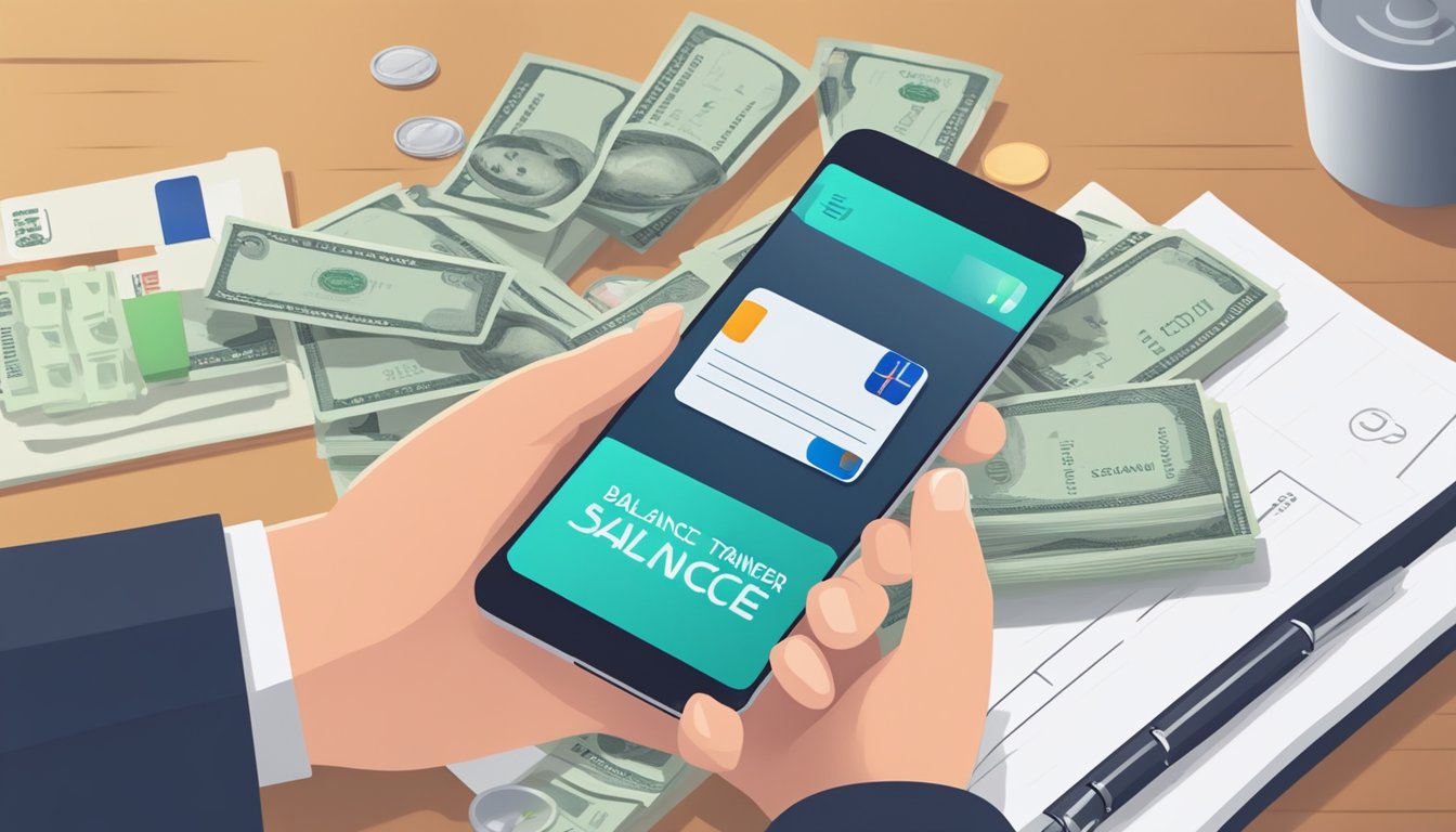 A hand holding a credit card with a "balance transfer" message on a smartphone screen, with a pile of bills on one side and a stack of savings on the other