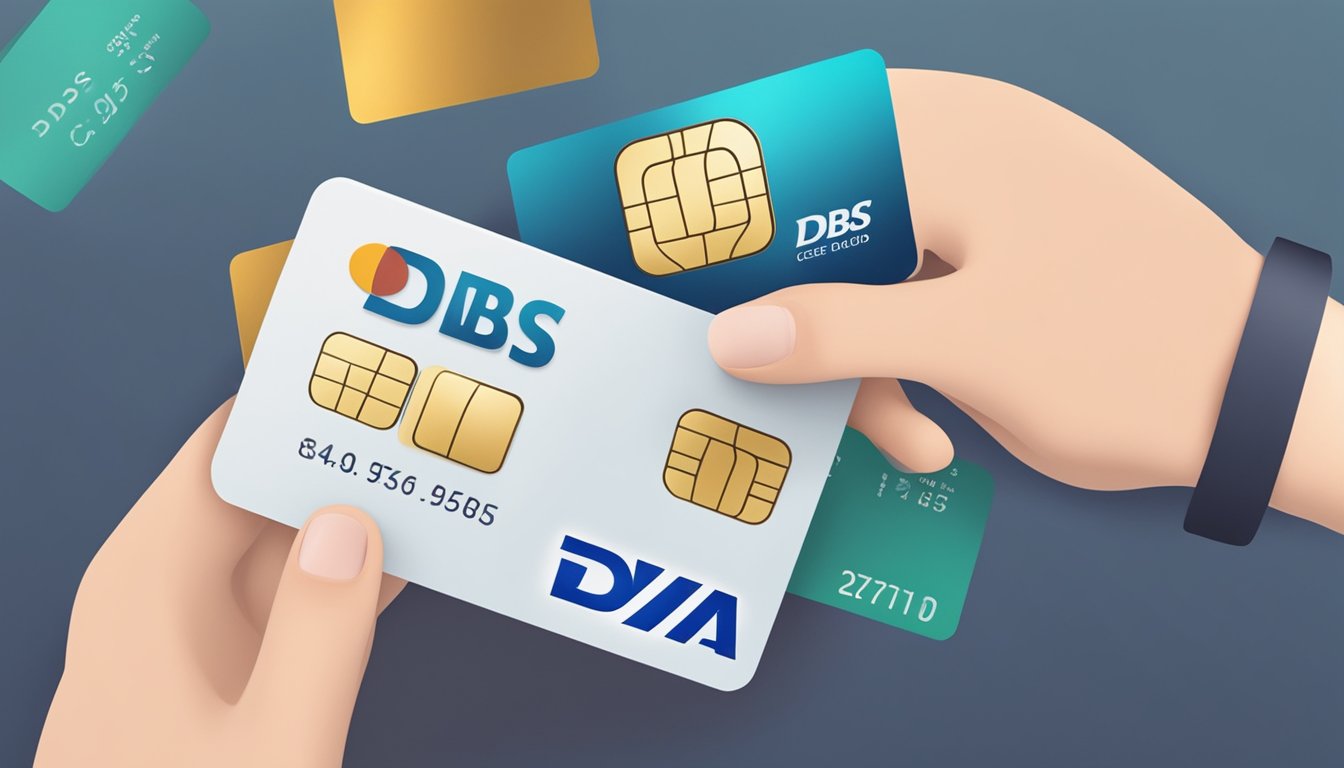 A hand holding a credit card with "DBS" on it, transferring funds to another card, with a promotional banner in the background