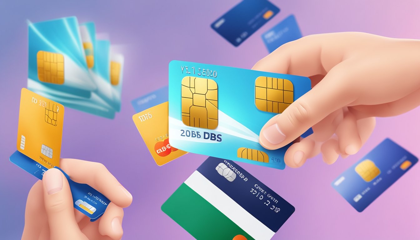 A hand holding a credit card with the DBS logo, transferring balance to another card. Bright promotional banners in the background