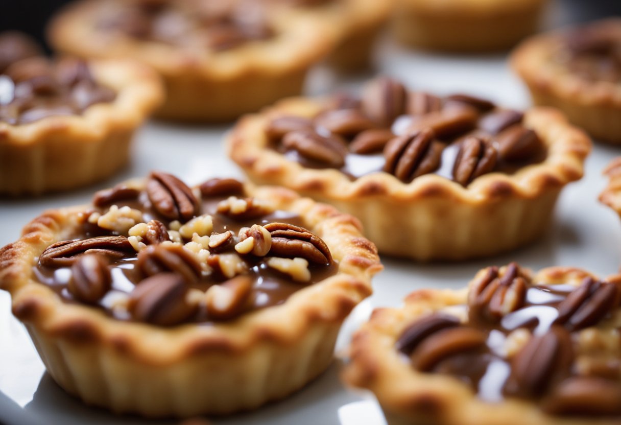 A table covered with freshly baked pecan tarts, golden and glistening with a buttery glaze. Surrounding the tarts are scattered pecans and a drizzle of caramel, adding to the decadent display