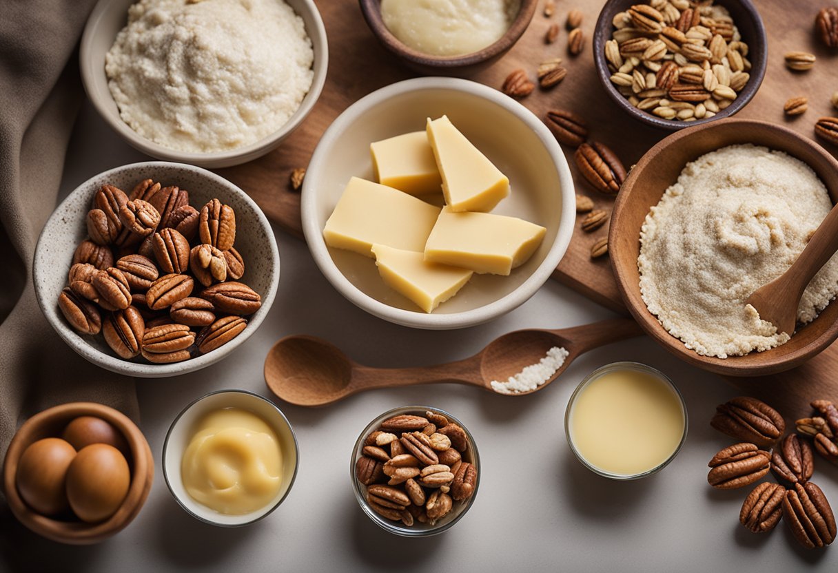 A kitchen counter with ingredients for pecan tarts, including pecans, butter, and pastry dough, arranged neatly with a rolling pin and mixing bowls nearby