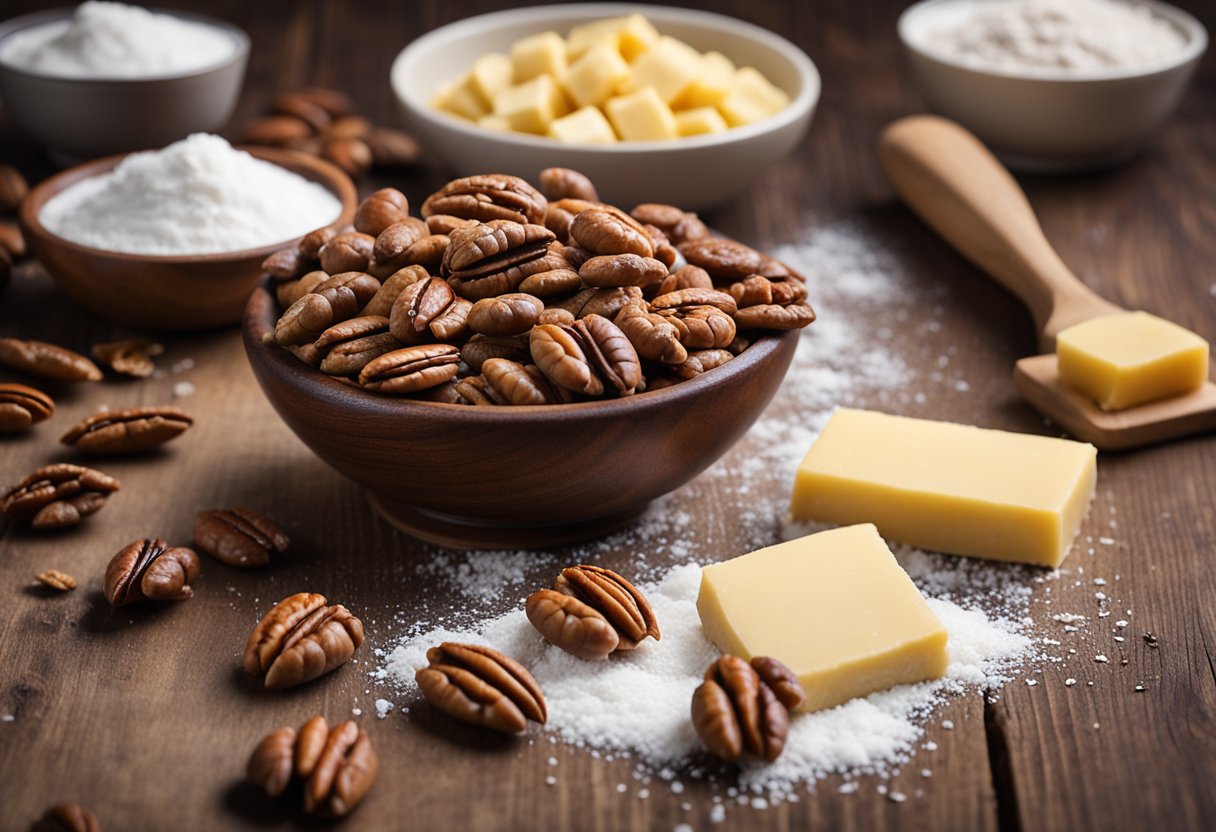 A wooden table with scattered pecans, a mixing bowl, flour, sugar, and butter. A rolling pin and tart molds sit nearby