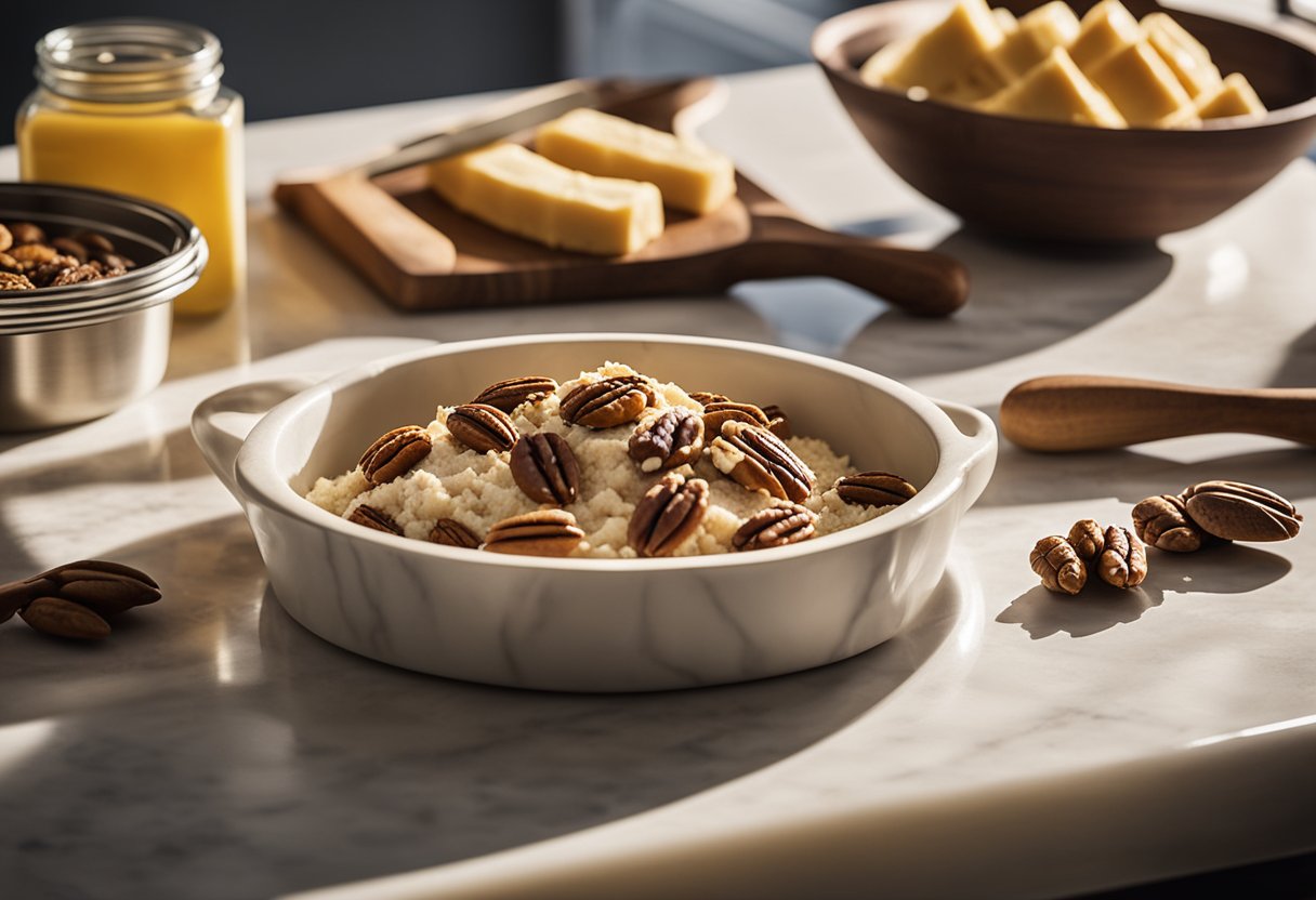 A marble countertop holds a rolling pin, pastry cutter, and tart pans. Pecans, butter, and flour sit nearby. Sunlight streams in, casting soft shadows on the tools