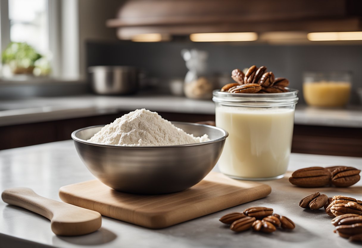 A mixing bowl filled with flour, butter, and pecans. A rolling pin and tart molds on a floured countertop. A preheated oven in the background