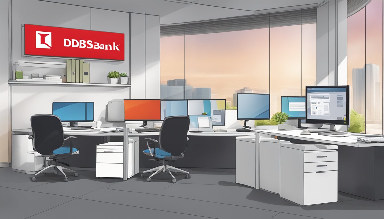A modern, sleek office setting with the iconic DBS Bank logo displayed prominently. A computer screen shows a home loan application form