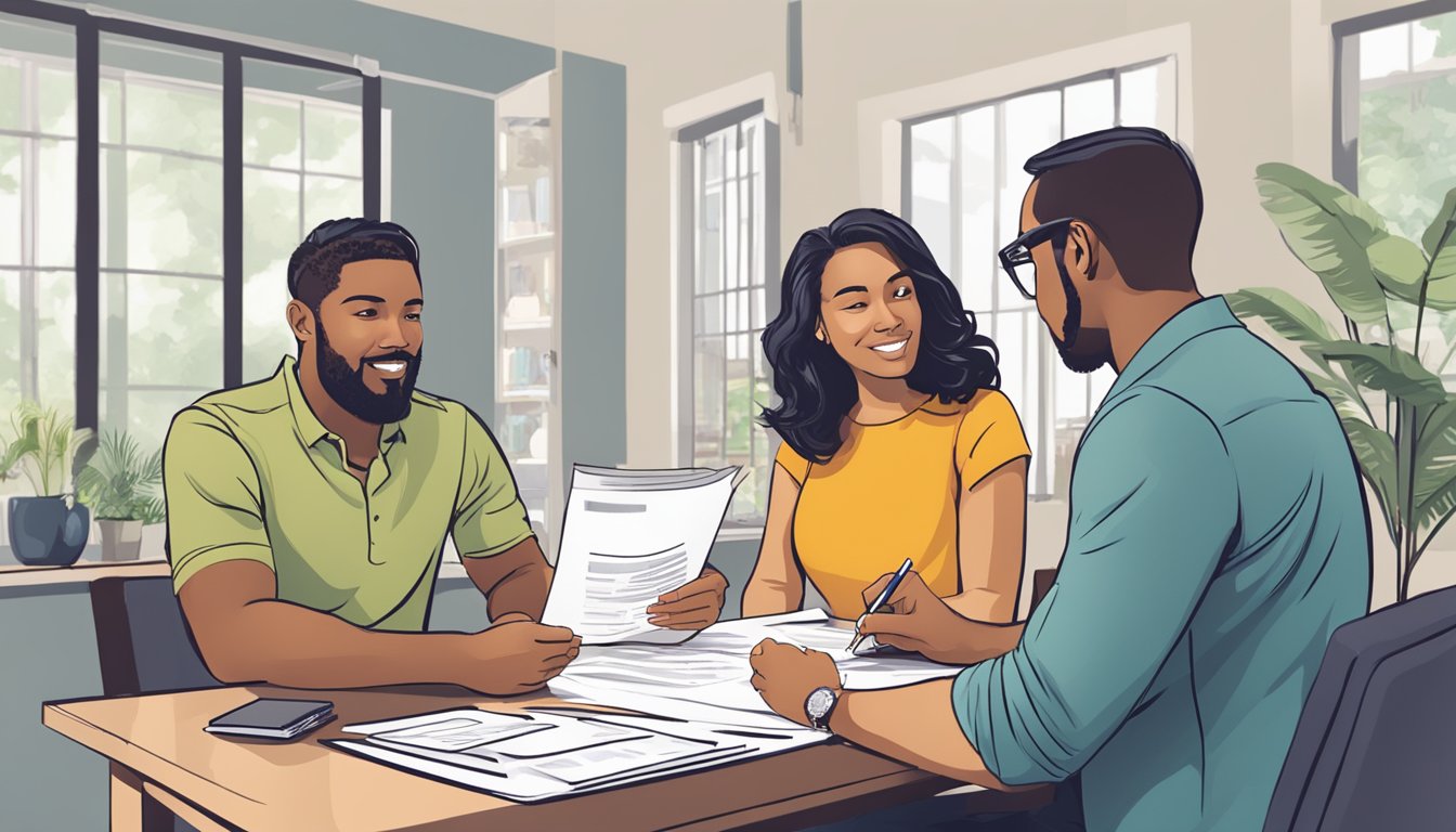 A couple sits at a table, reviewing paperwork with a bank representative. The couple appears engaged and attentive as they discuss home loan options