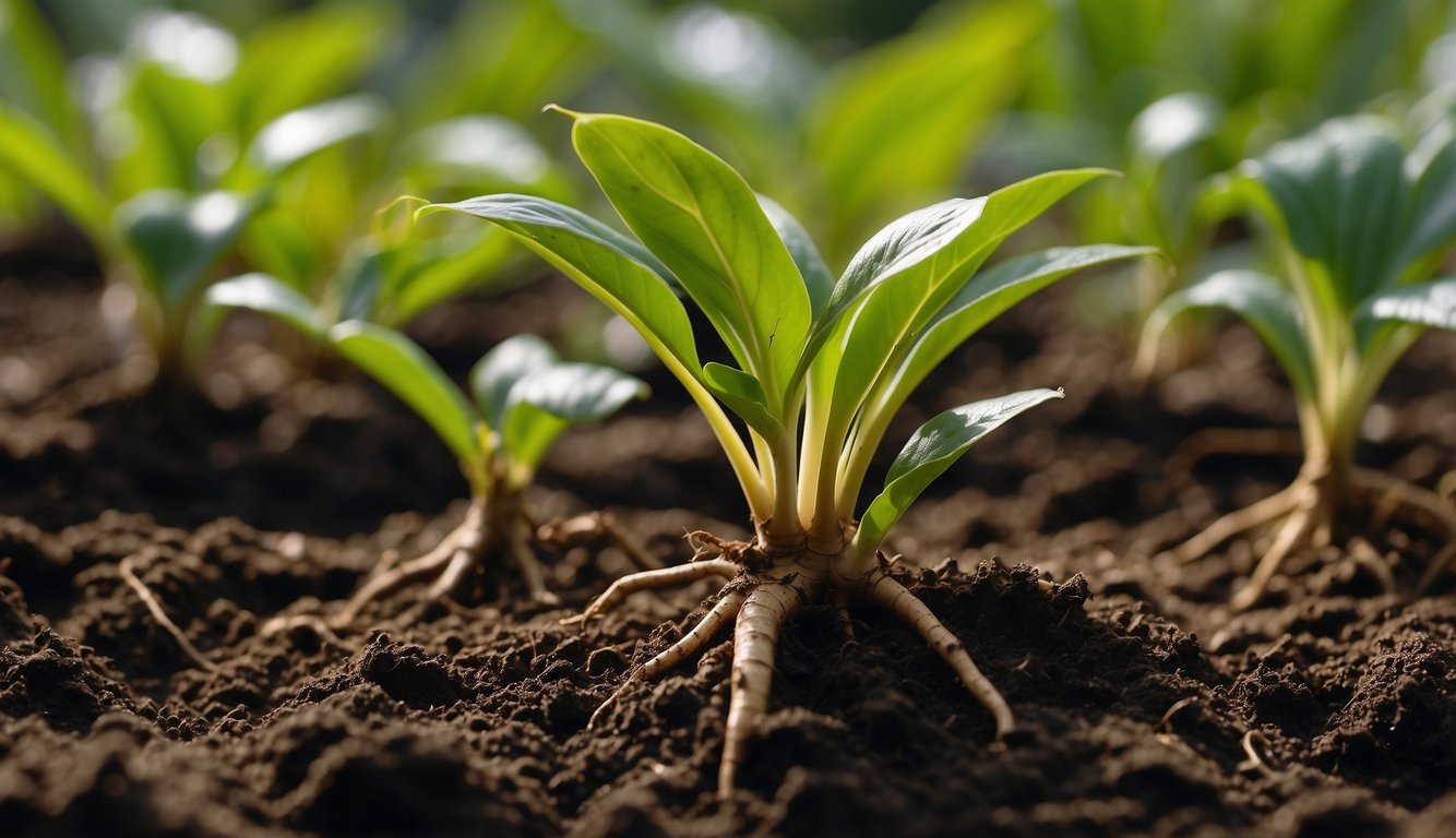 Ginger roots grow in rich, moist soil. Each plant has long, green leaves and thick, knobby rhizomes beneath the surface