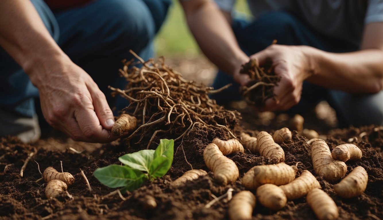 Farmers harvesting ginger roots, using tools to dig and carefully remove the plants from the soil. Sorting and cleaning the roots in preparation for post-harvest processing