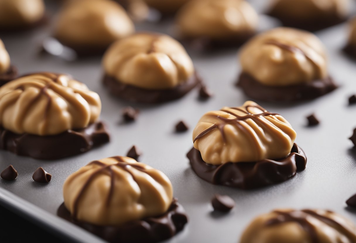 Golden brown peanut butter balls on a baking sheet, cooling and ready to be drizzled with melted chocolate