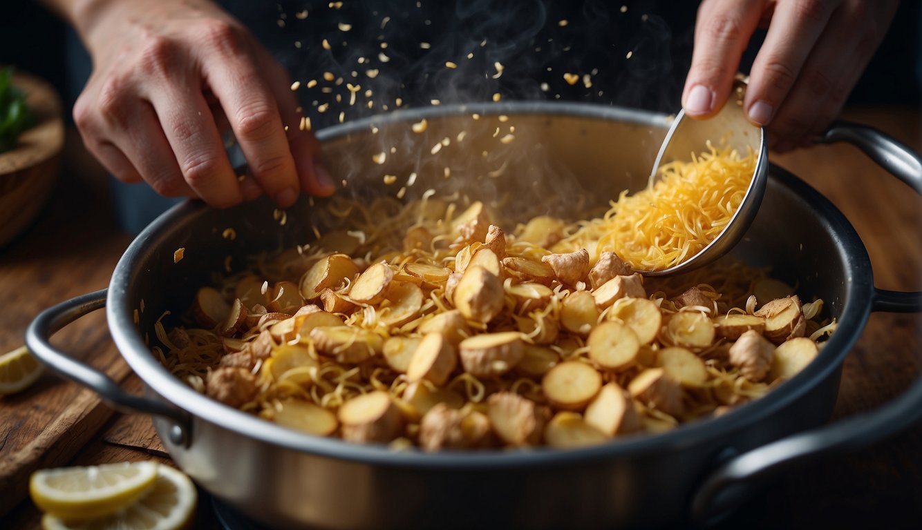 Ginger root being peeled and grated over a steaming pot of food