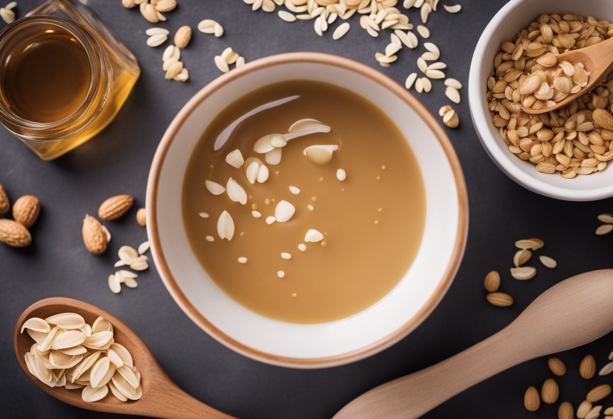 A mixing bowl with measured ingredients: peanut butter, honey, oats, and vanilla extract. A wooden spoon stirs the mixture