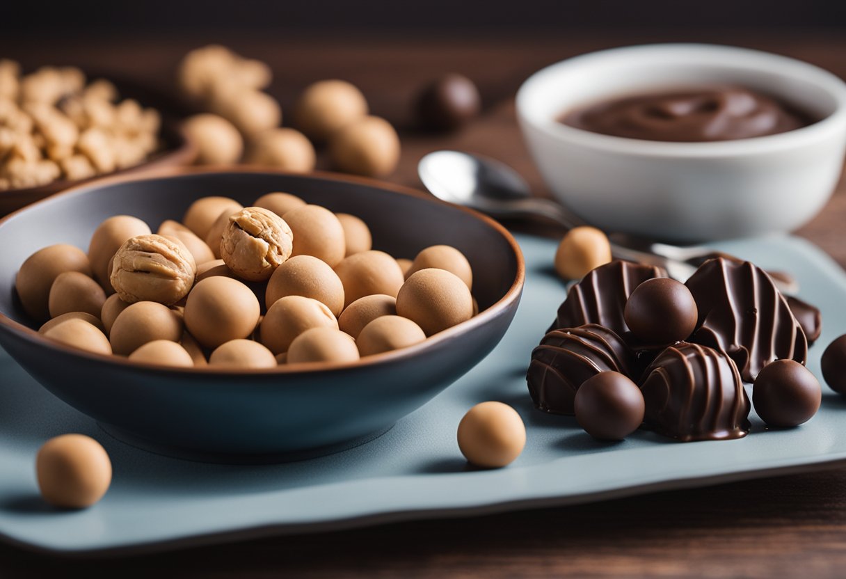 A bowl of melted chocolate, a spoon, a tray of peanut butter balls, and a cooling rack