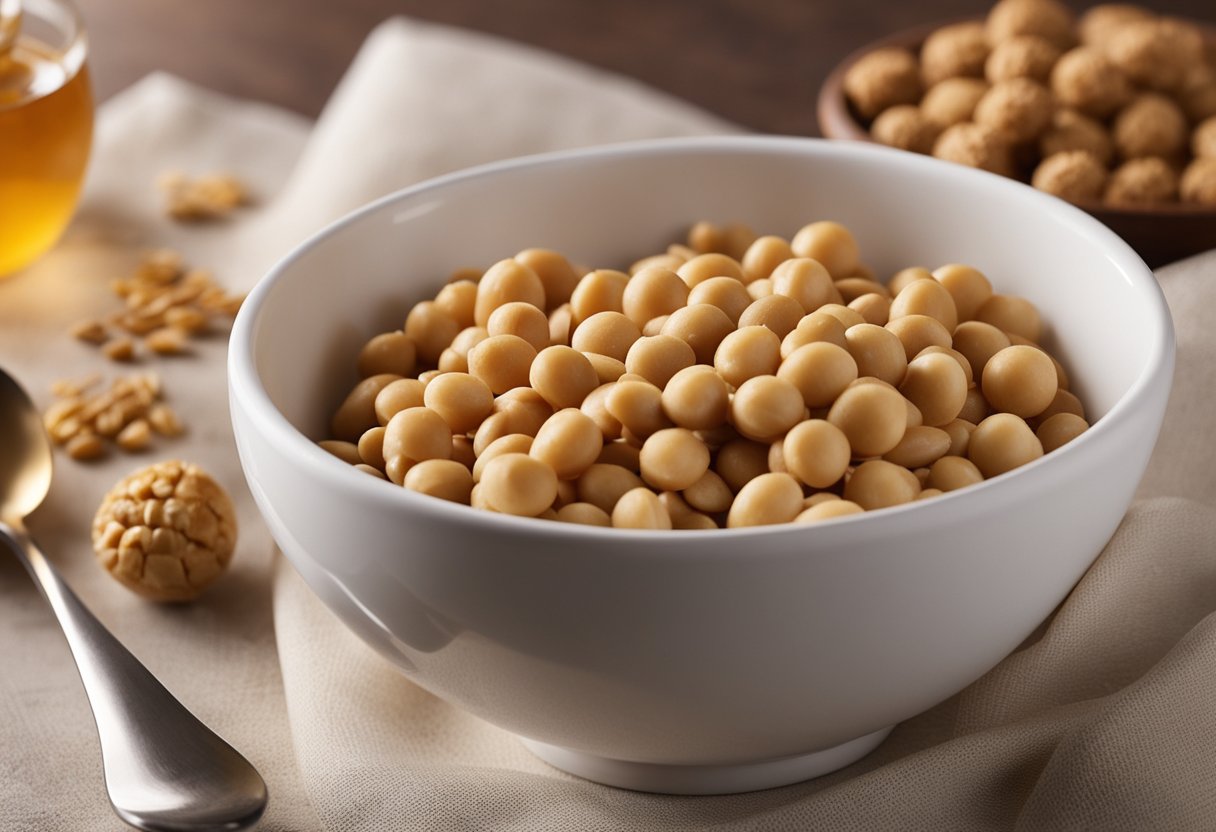 A mixing bowl with peanut butter, honey, and crispy rice cereal. A spoon stirring the ingredients together. A tray lined with parchment paper ready for the formed balls