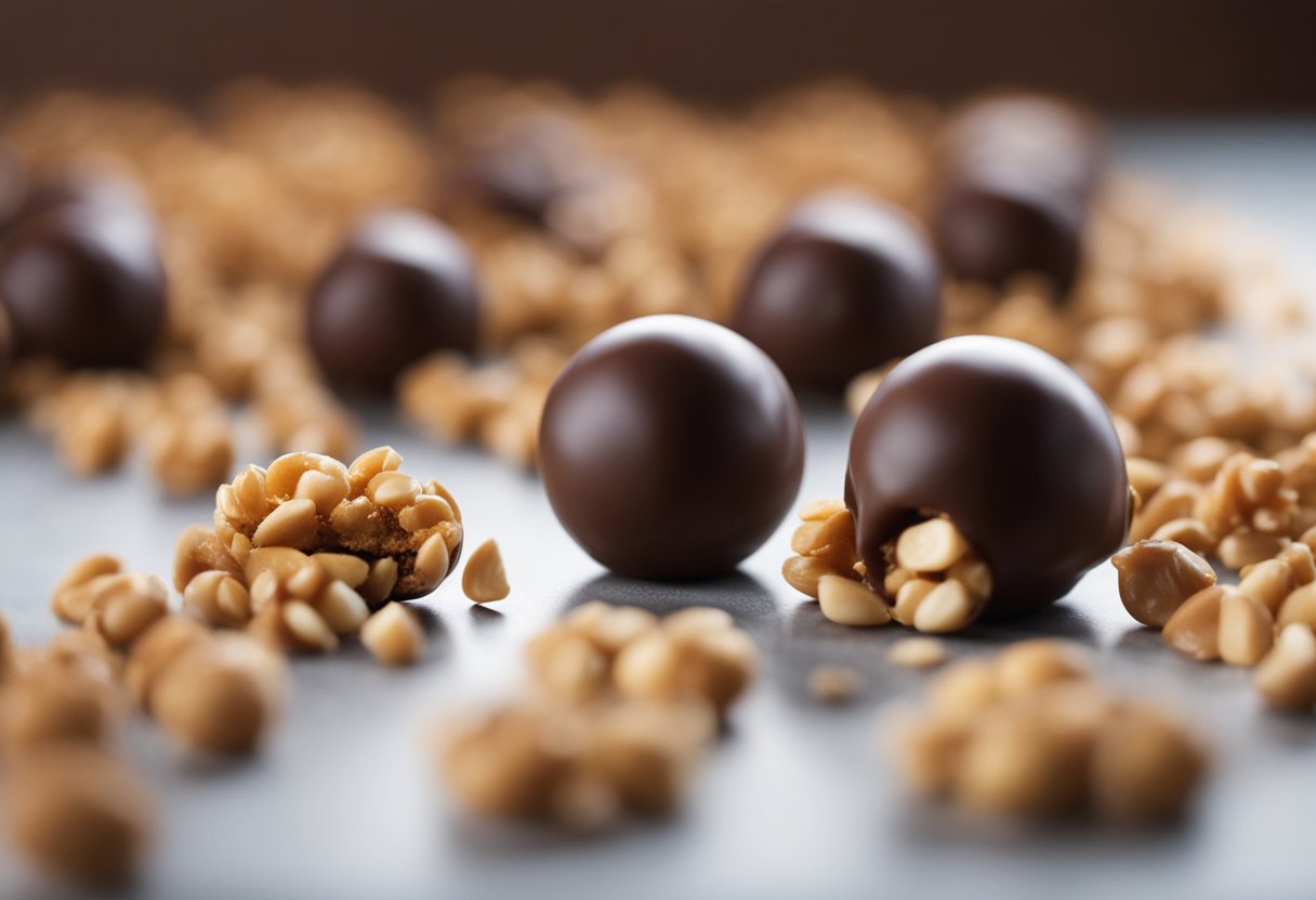 Peanut butter balls being dipped in chocolate, then rolled in crushed peanuts for a crunchy coating